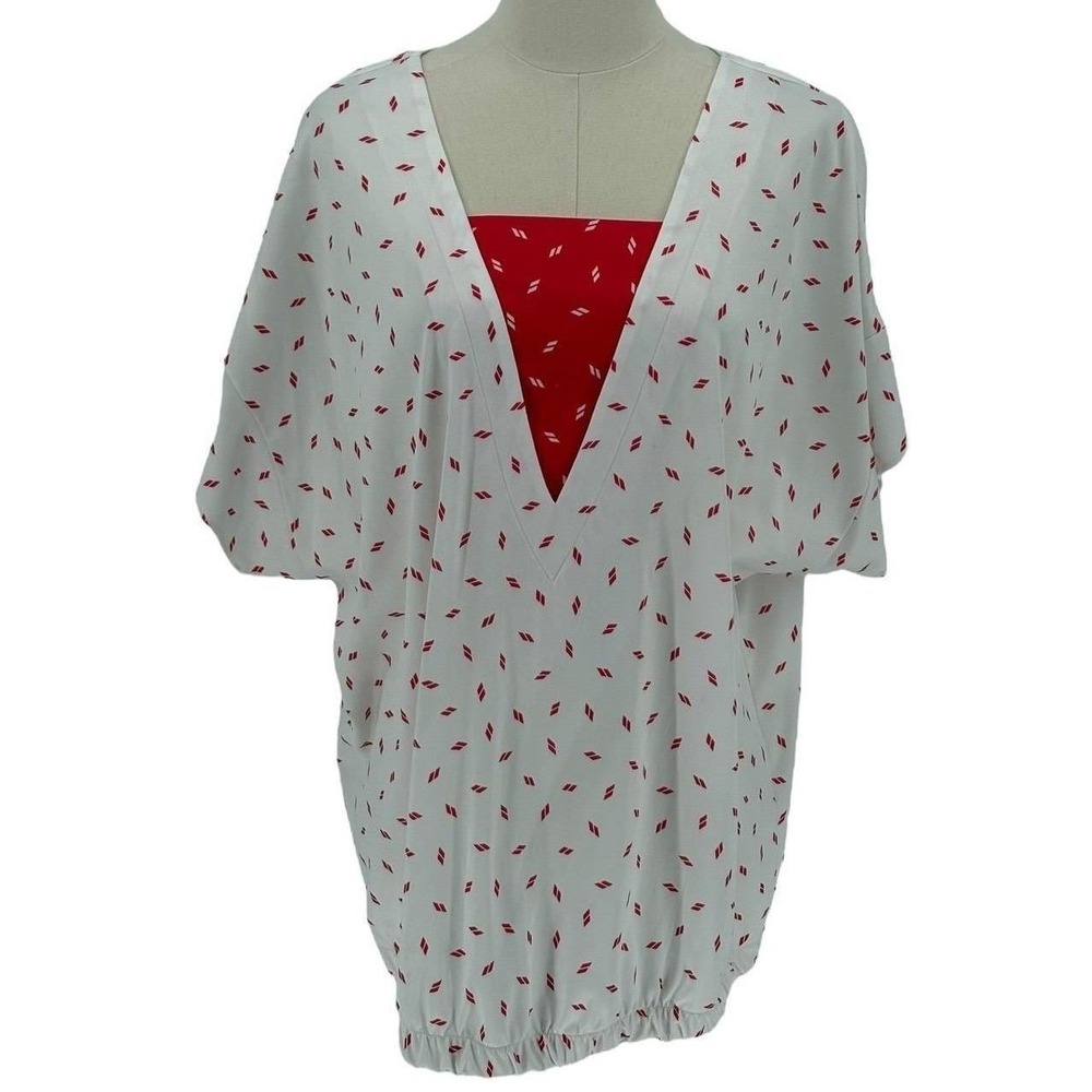 The French Quarter Vintage Blouse White Red Geometric Diamond Print Size 20/40‎